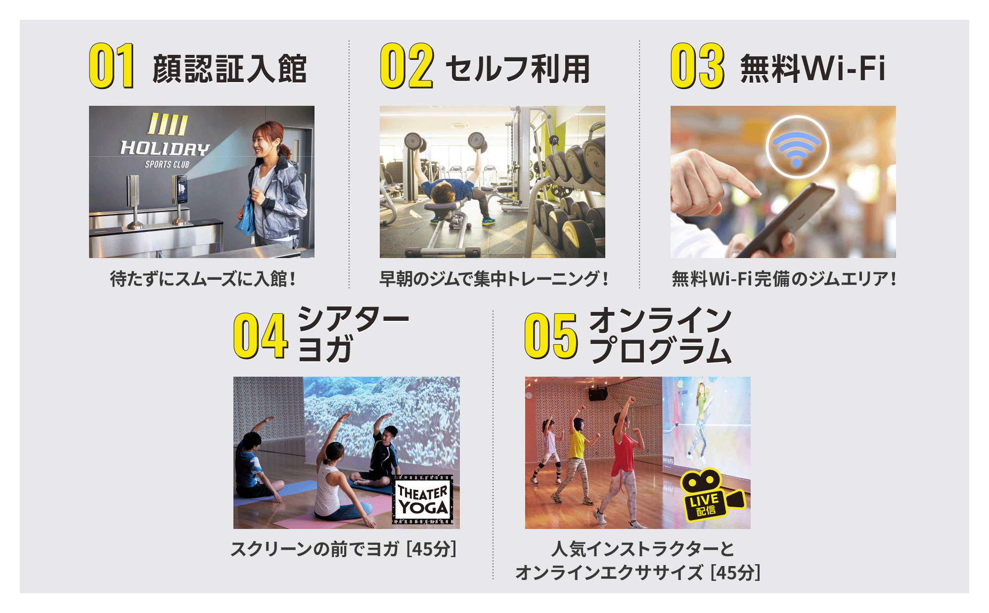 顔認証入館・セルフ利用・無料Wi-Fi・シアターヨガ・オンラインプログラム