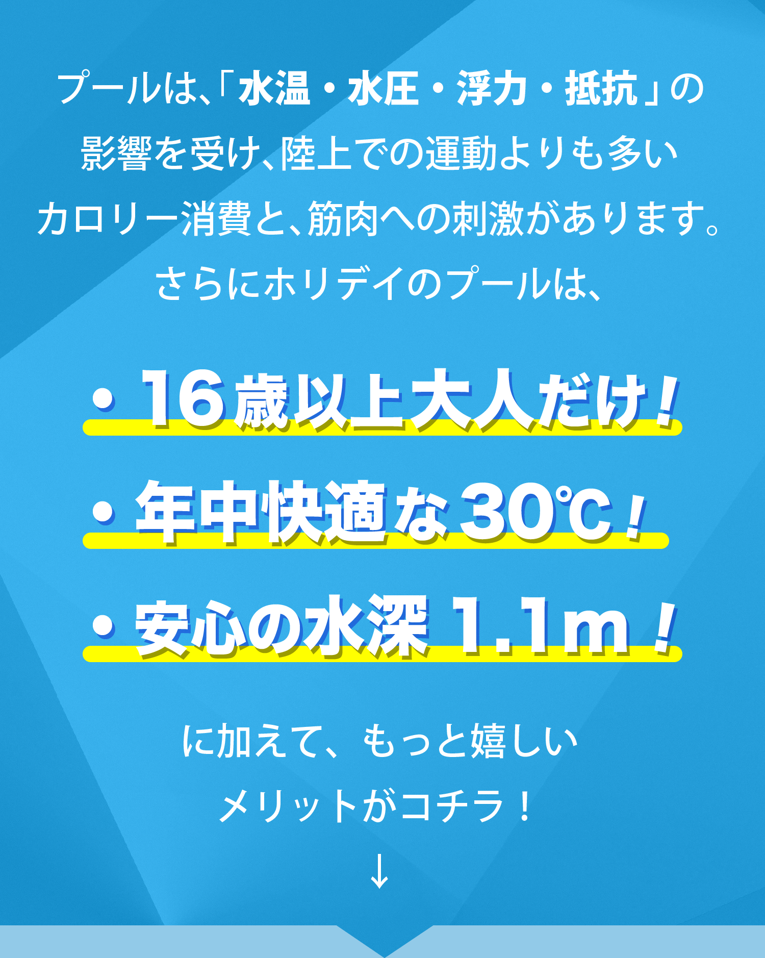 ・16歳以上大人だけ！ ・年中快適な30℃！ ・安心の水深1.1m！ に加えて、もっと嬉しいメリットがコチラ！