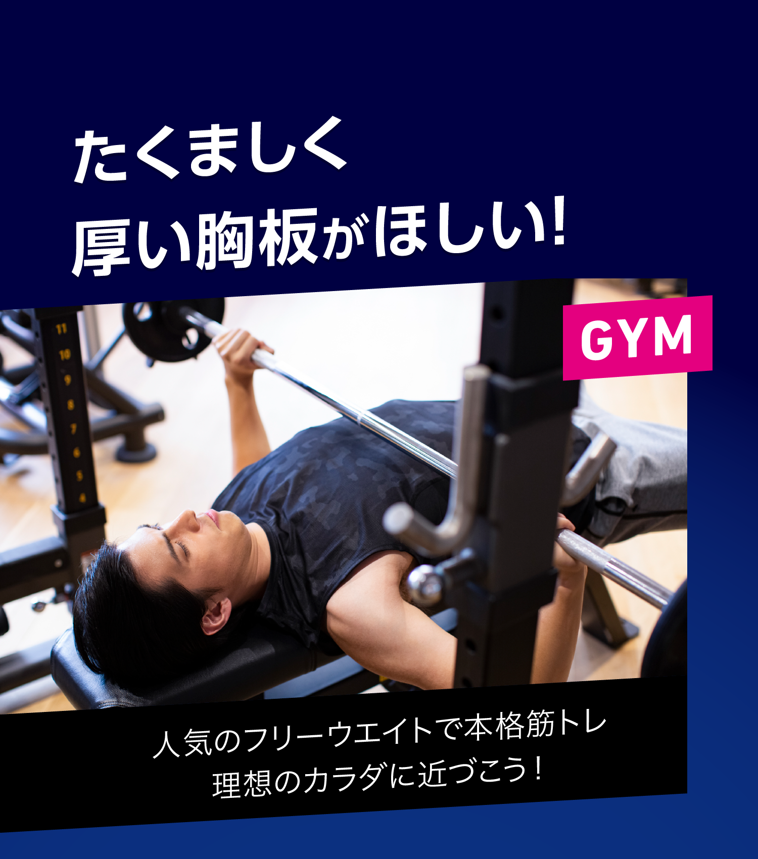 たくましく厚い胸板がほしい！GYM 人気のフリーウエイトで本格筋トレ 理想のカラダに近づこう！